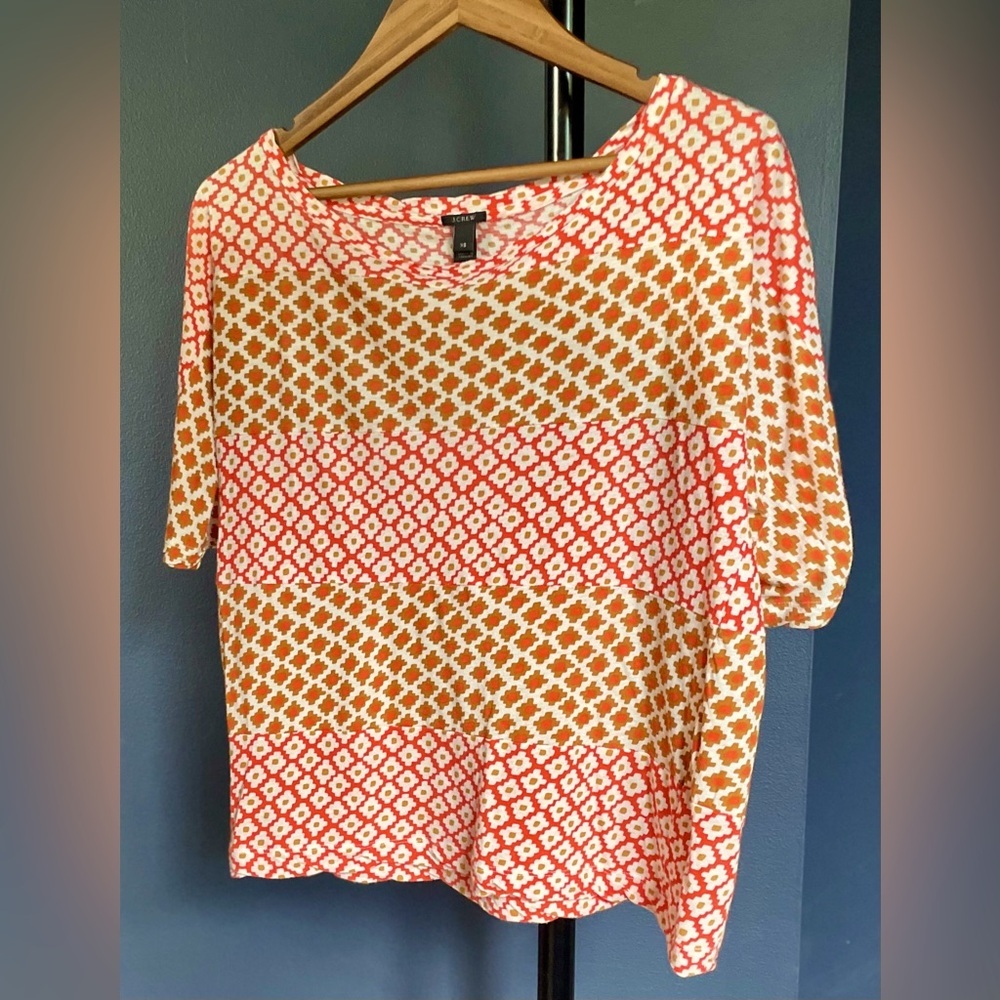 J. Crew Elbow-Sleeve Boho Geo-Colorblock Top, Relaxed Lightweight Soft Cotton